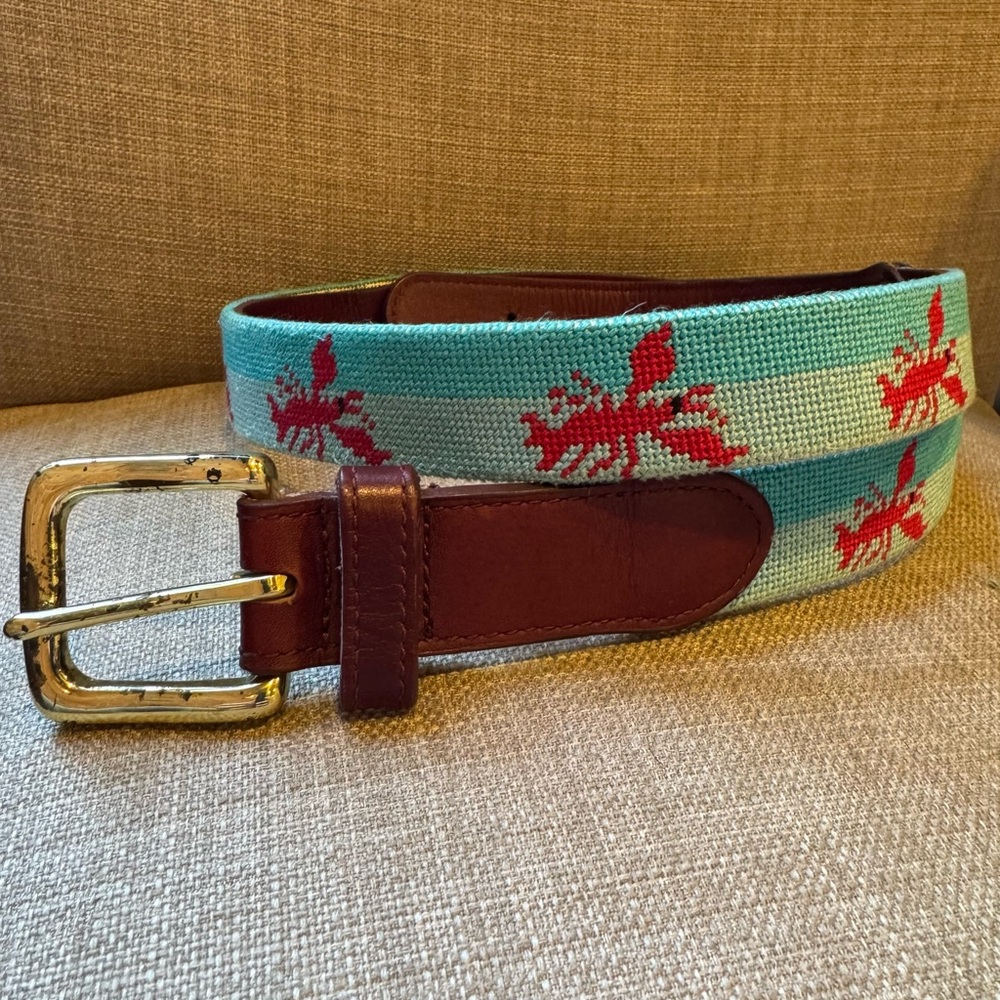 Vintage Leather, Blue, and Red Lobster Needlework Belt